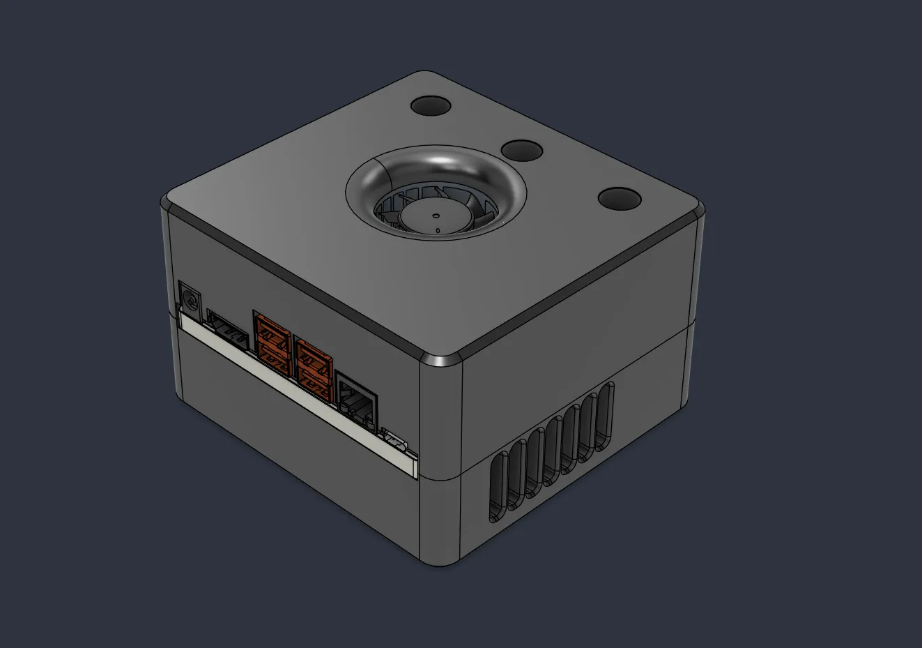 CAD design of our Jetson case, showing the fan opening, buttons, and computer ports.